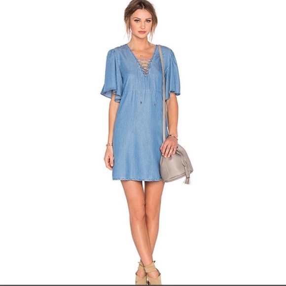 Lovers + Friends Denim Washed Ashore Flutter Sleeve Lace Up Dress Size S - Picture 1 of 13